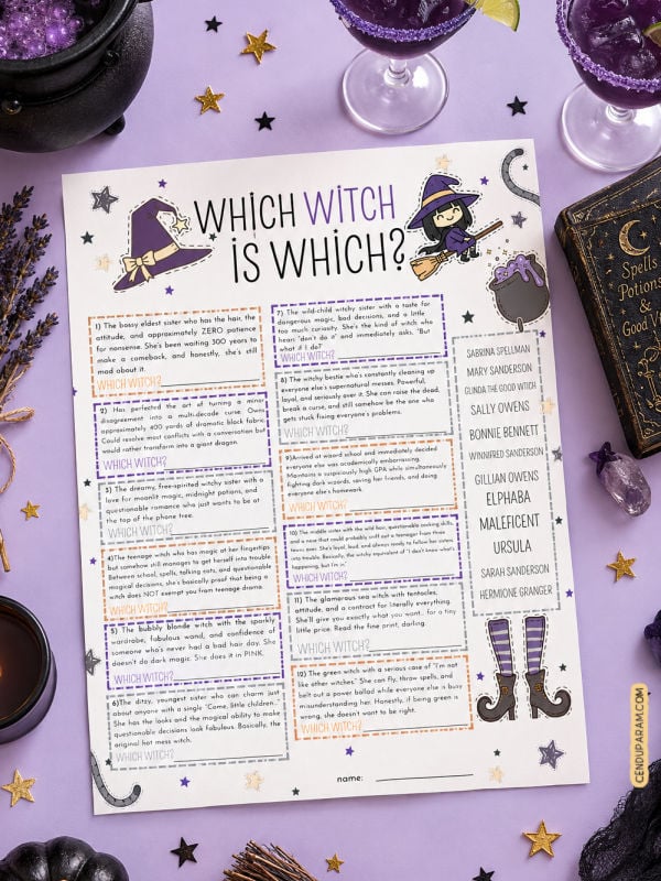 flat lay of which witch is which trivia game on purple background with witch themed decor