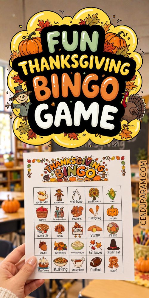 a teacher's hand holds up a Thanksgiving bingo game card in the classroom