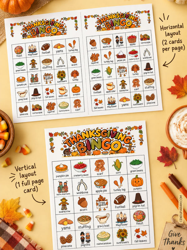 flat lay of Thanksgiving bingo game bundle with full page and half page game cards