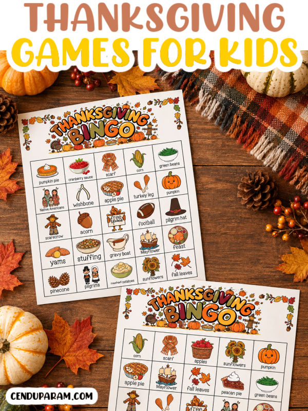 flat lay of 2 thanksgiving bingo cards on wooden table