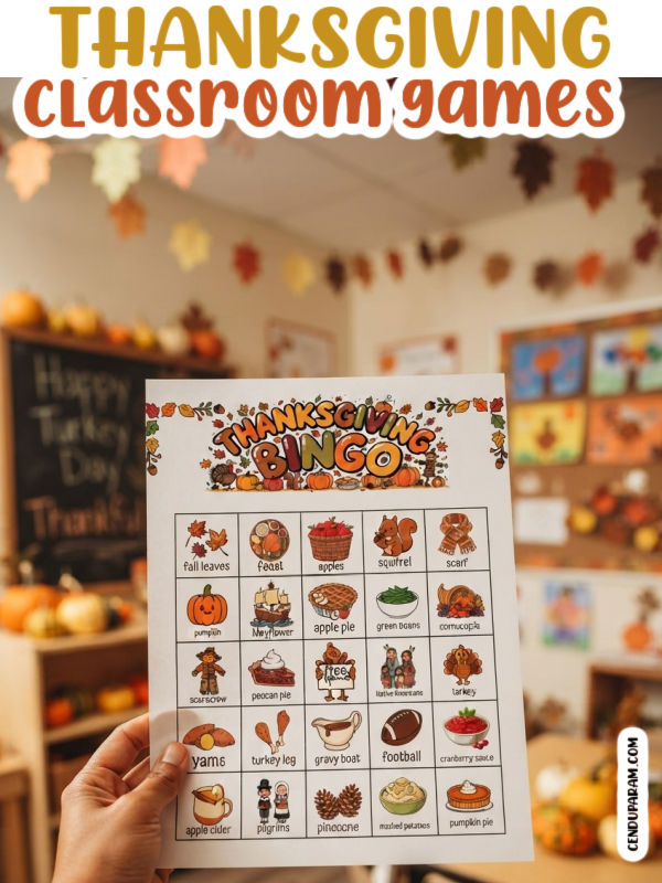 a teacher holds up a Thanksgiving bingo game card in her classroom)