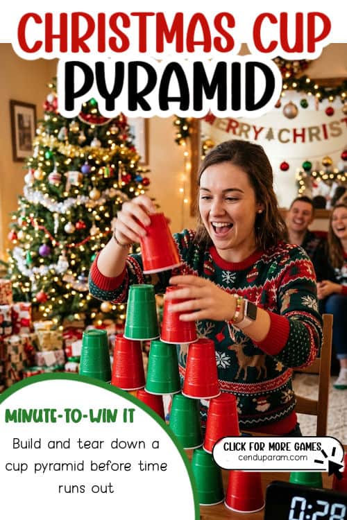 a woman plays a fun christmas game stacking plastic cups like a pyramid