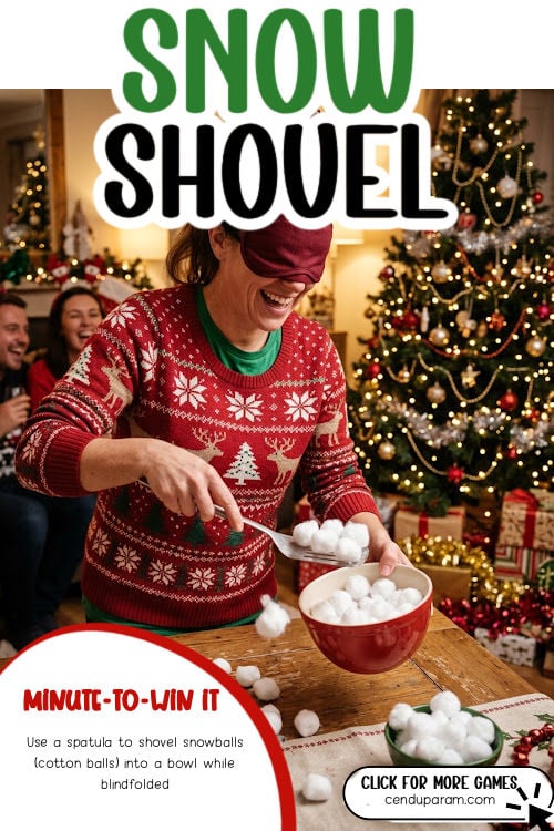a woman has a blindfold on and is shoveling cotton balls into a bowl with a spatula for a funny party game