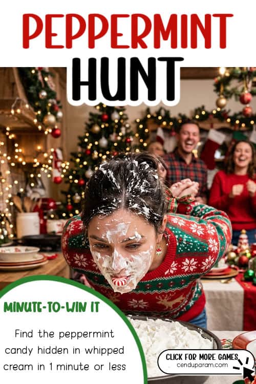 a woman's face is covered in whipped cream as she plays a funny Christmas party game
