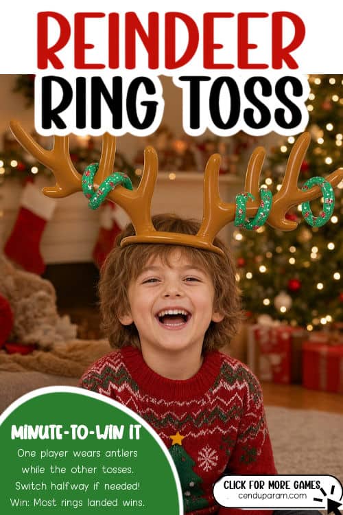 a child is wearing inflatable antler ears to play a funny Christmas game for families