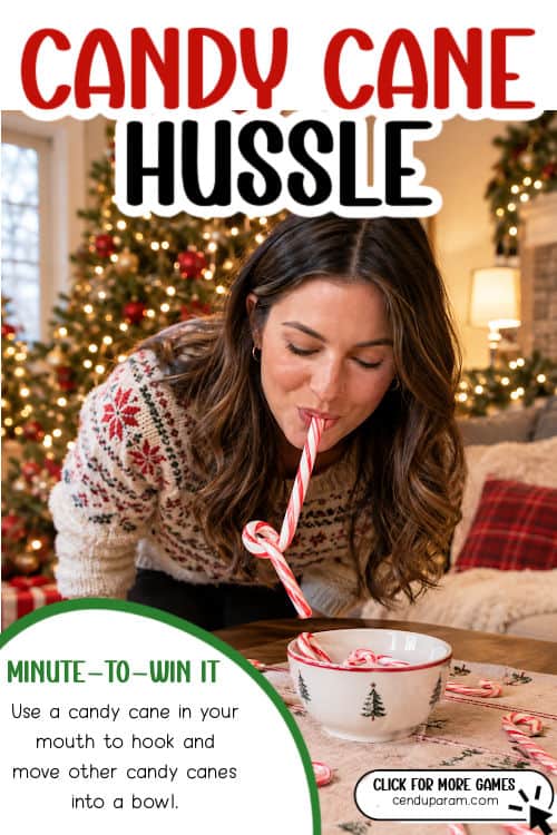 a woman is trying to hook candy canes while using one in her mouth for a funny christmas partyg ame