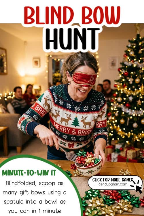 a woman scoops gift bows into a bowl blindfolded playing a hilarious Christmas game
