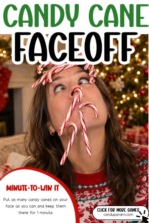a woman has candy cane's on her face as she plays a funny Christmas game