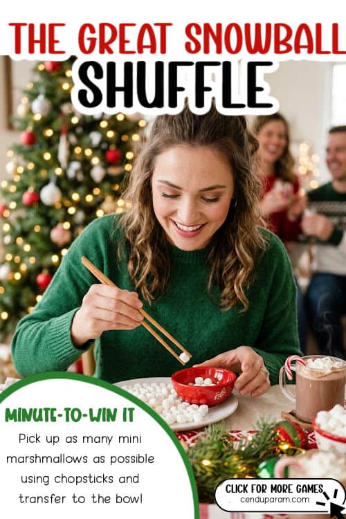 a woman is using chopsticks to transfer marshmallows into a bowl for a fun minute to win it game