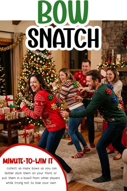 friends are playing a funny Christmas minute to win it game with bows stuck on their backs
