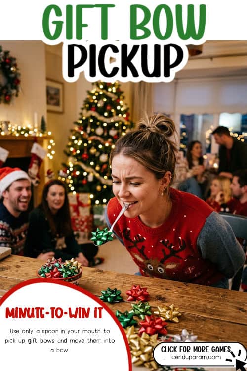 a woman has a spoon in her mouth to transfer bows in a bowl in a funny Christmas game