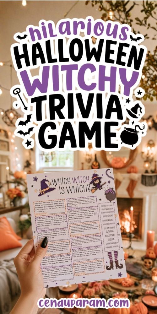 a woman's hand is holding a fun Halloween witch trivia game