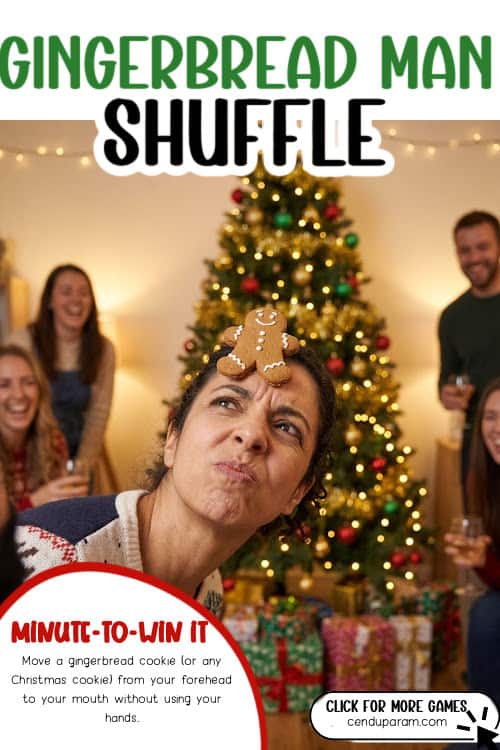 a woman has a cookie on her face for a funny Christmas office party game