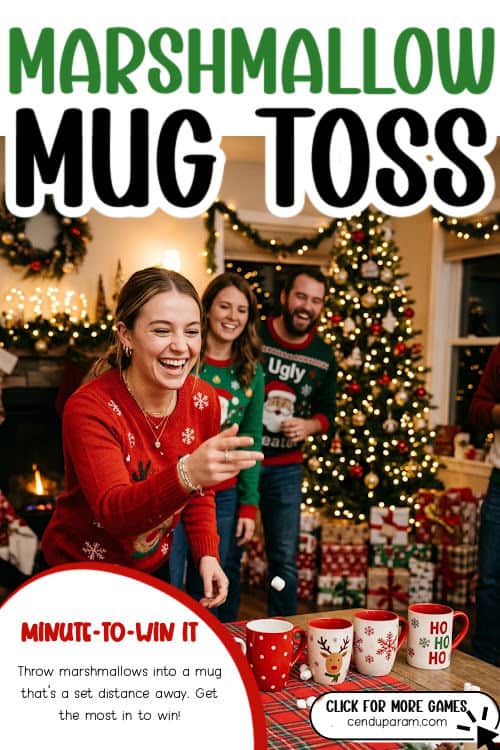 friends are tossing marshmallows into a mug to play a fun Christmas minute to win it game
