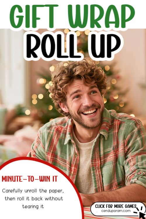 a man is laughing rolling up christmas wrapping paper for a funny game