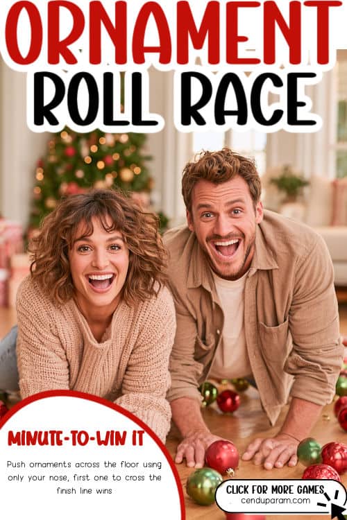 a couple is playing a christmas party games with ornaments
