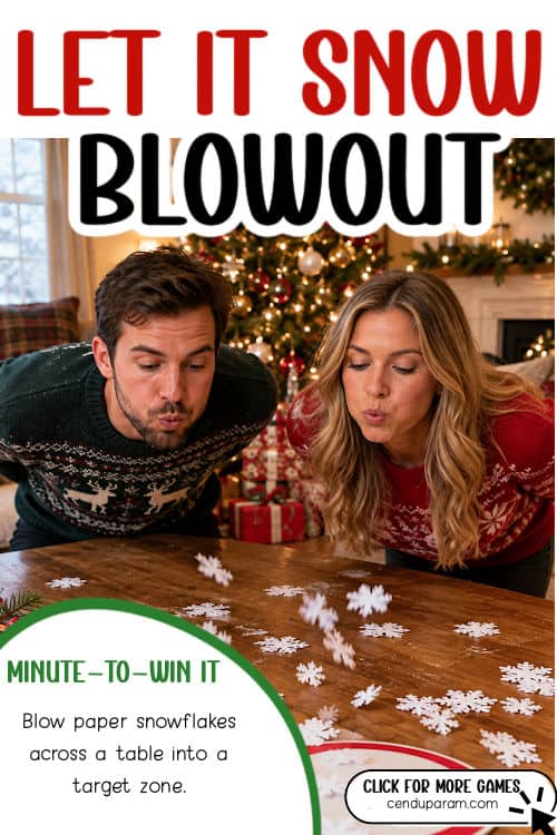 a man and woman are playing a fun minute to win it family christmas game