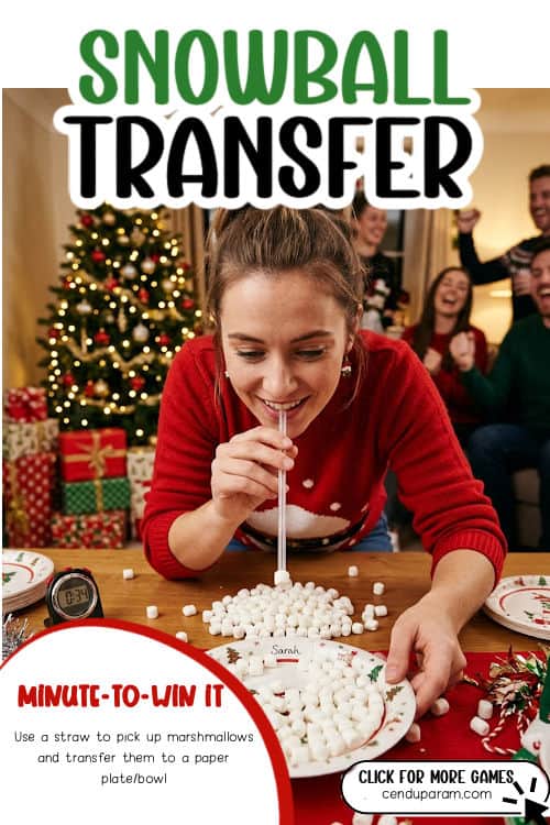 a woman uses a straw to move marshmallows in this silly Christmas party game
