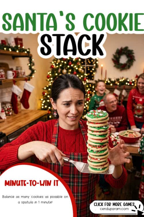 a woman is holding cookies stacked on a spatula for a funny Christmas party game