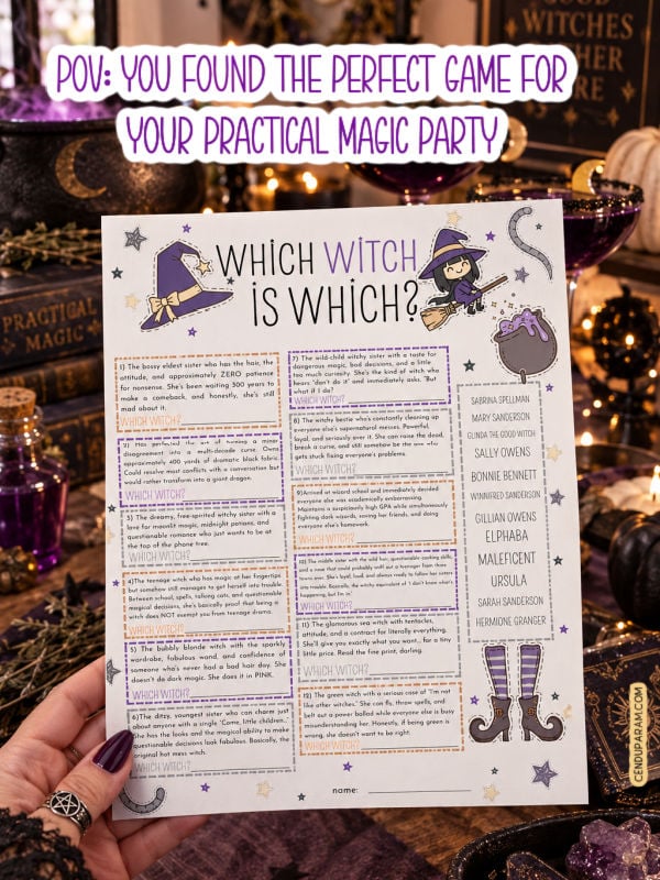 a gothic witchy hand is holding a party game for a practical magic party