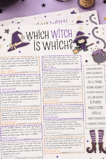 flat lay of halloween witch trivia game printable