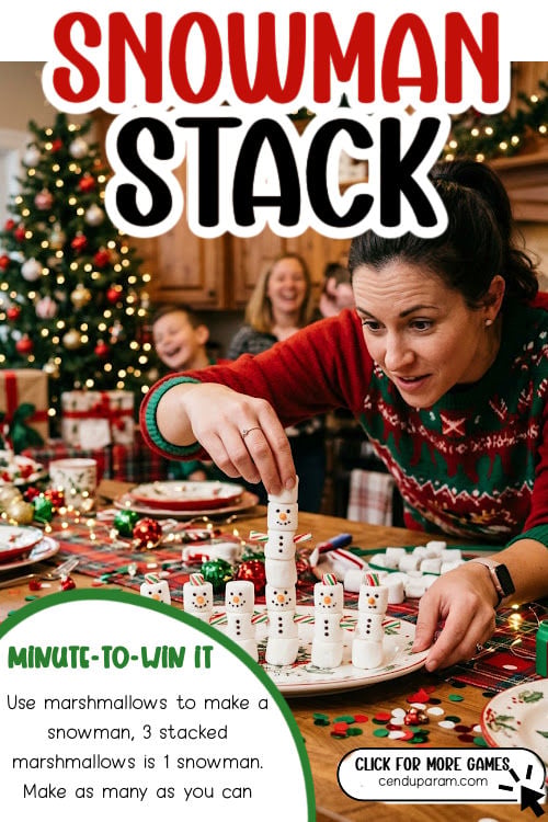 woman in holiday sweater is stacking marshamallows for fun christmas minute to win it game